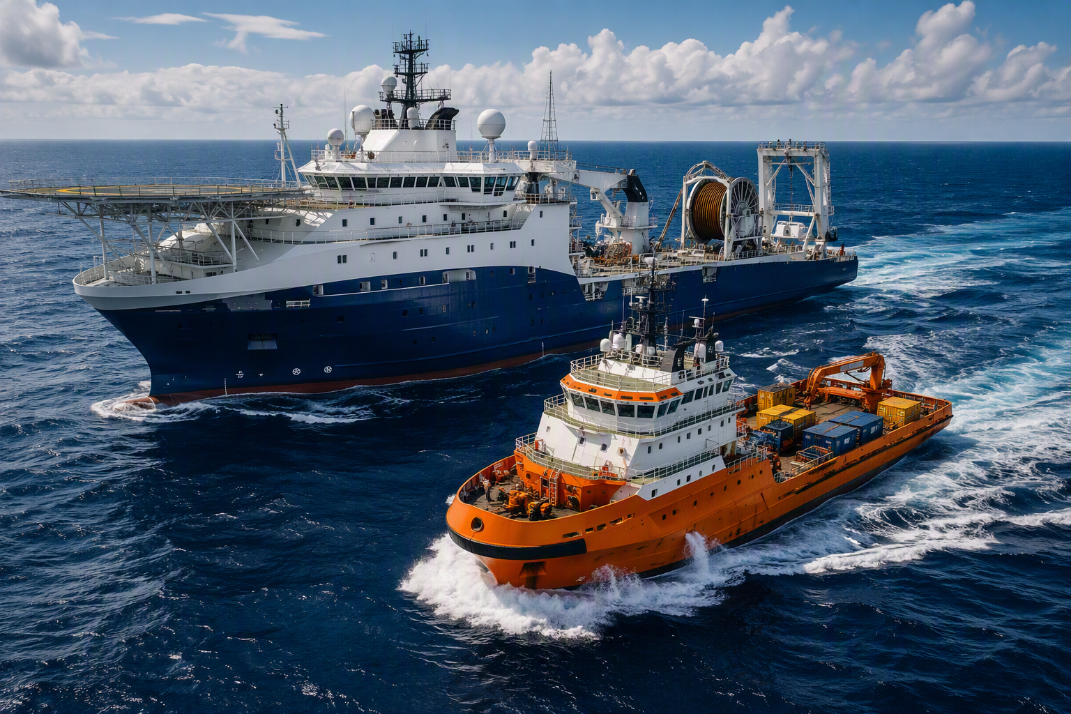 Offshore survey vessel and support vessel at sea